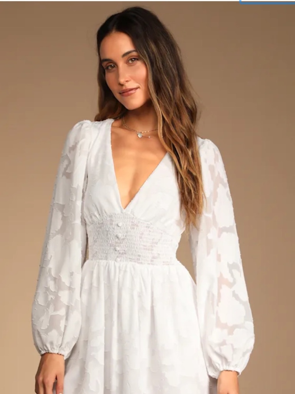 Lulu's White V-Neck Smocked Waist Long Sleeve Midi Dress